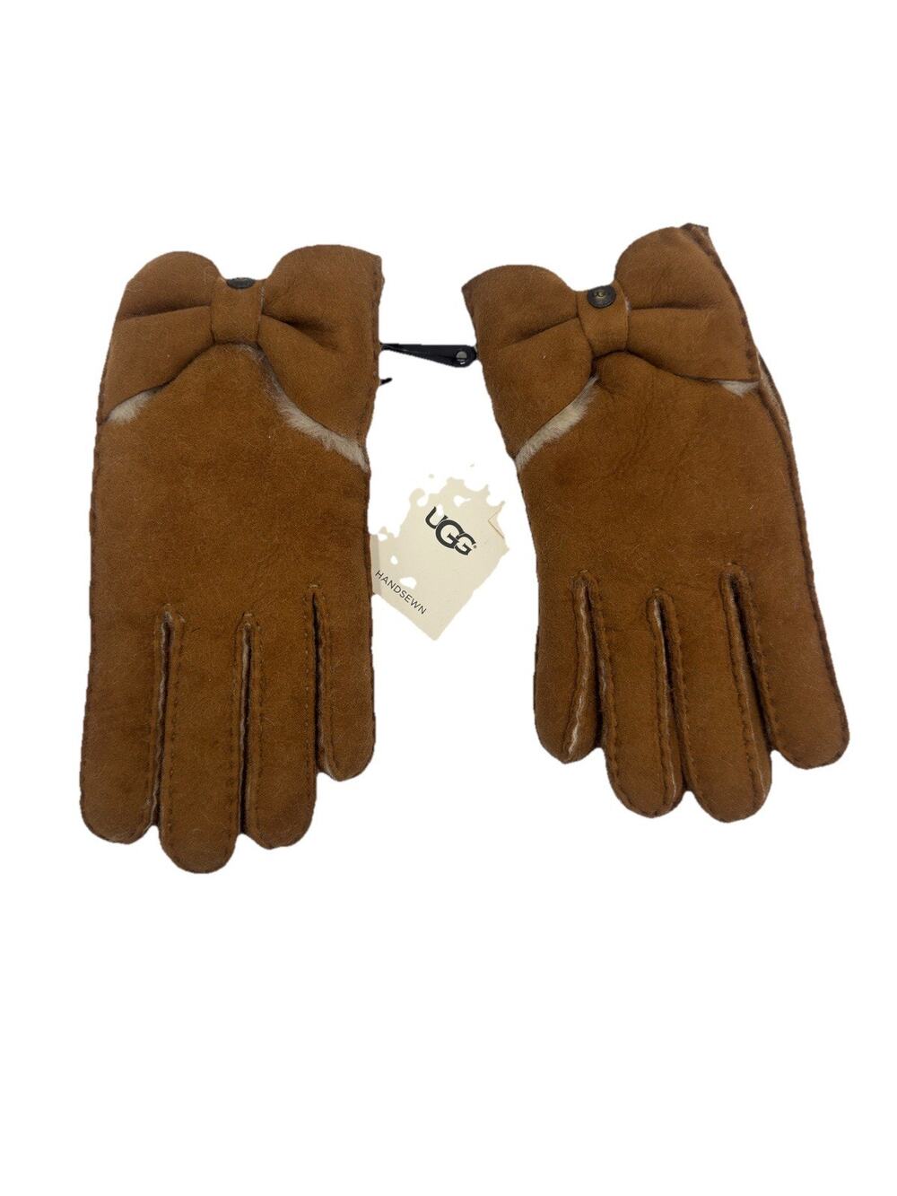Ugg Women's Sheepskin With Bow Chestnut Leather Gloves Size Medium M